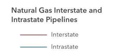 Legend: interstate pipelines in red, intrastate in blue