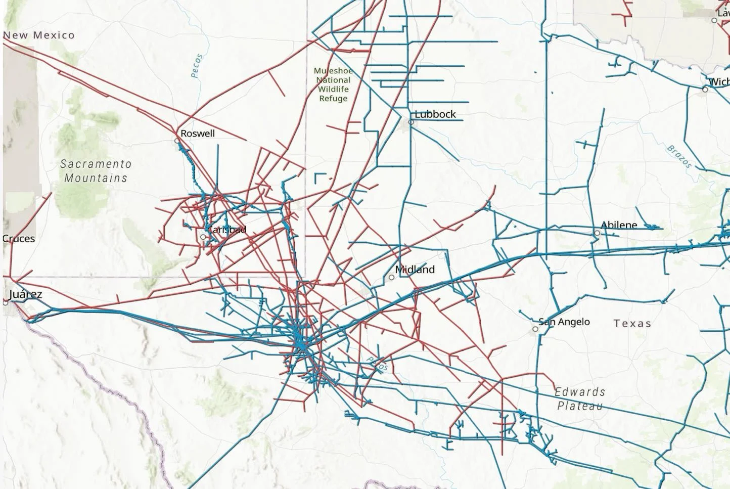Map of natural gas interstate and intrastate pipelines across West Texas and southeastern New Mexico